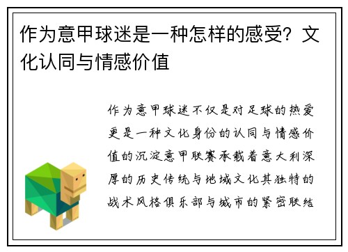 作为意甲球迷是一种怎样的感受？文化认同与情感价值